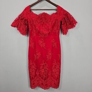 Badgley Mischka Sheath Dress 8 Red Lace Flutter Sleeves Cocktail‎ Romantic